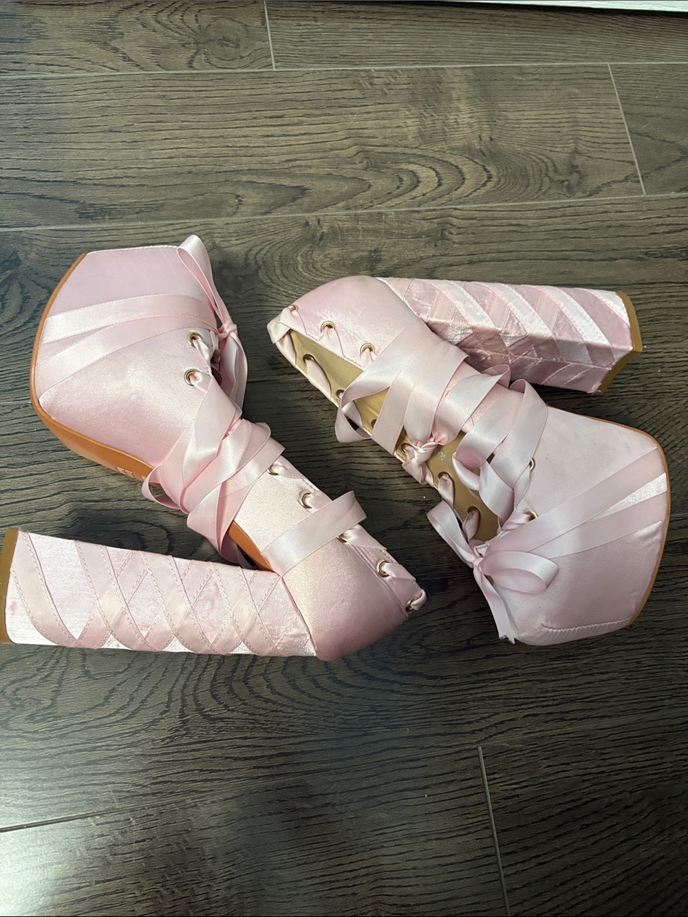 Pink Satin Ribbon-Wrapped Platform Block Heels - Picture 3 of 8